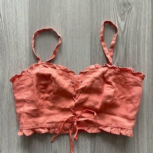 Wilfred Coral Lace-Up Linen Crop Top with Ruffle Trim